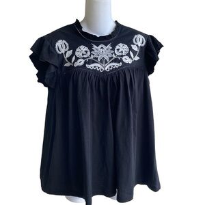 Knox Rose Black White Embroidery Top Blouse Short Cap Ruffle Sleeve Size S New